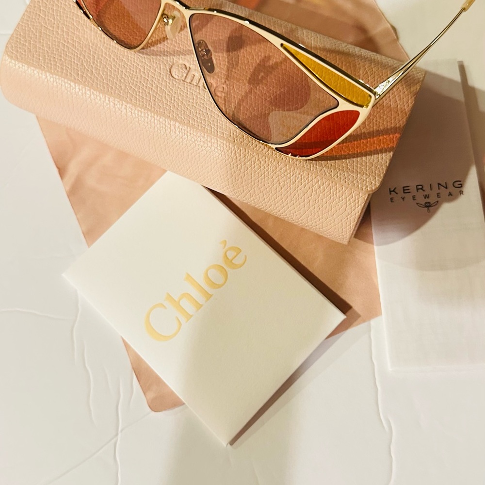 Chloé Sunglasses Gold Cat Eye Frame Dark Brown Lens CH0049S - Picture 4 of 12